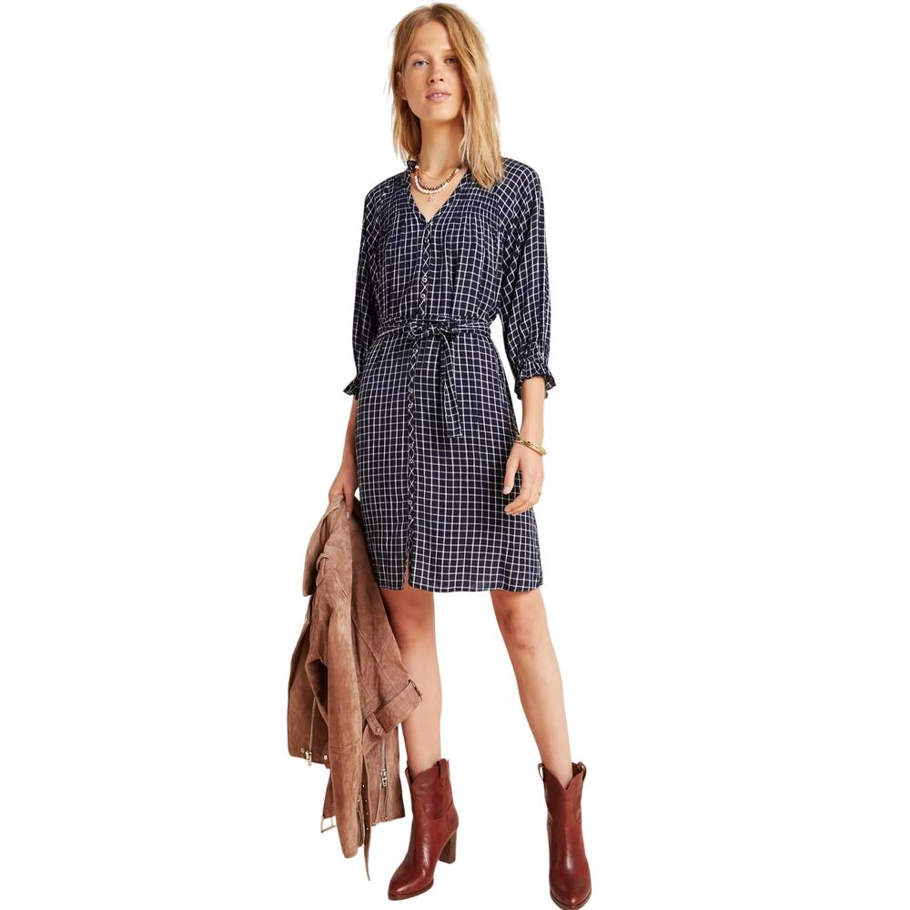 Anthropologie Maeve Navy Blue Sara Smocked Shirt Dress Size Medium